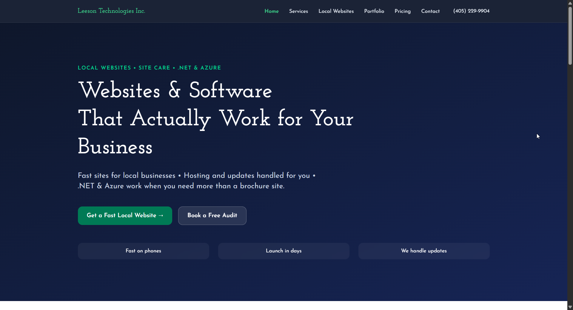 Current Leeson Technologies homepage on desktop after the rebuild