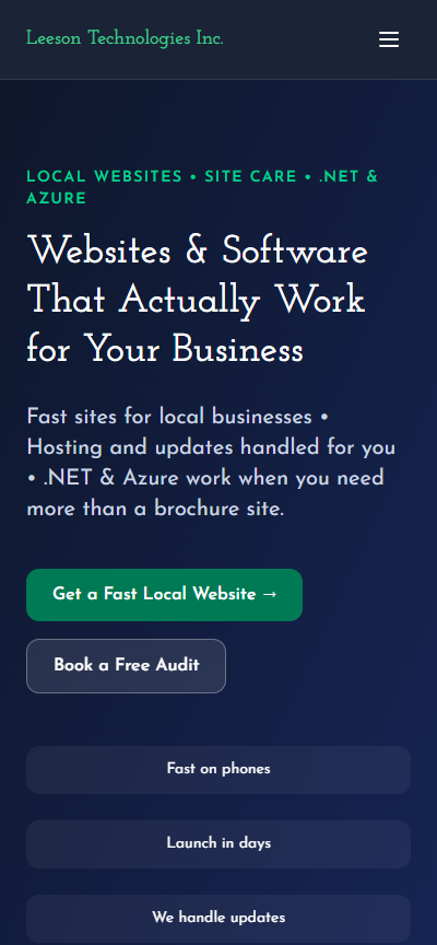 Current Leeson Technologies homepage on a phone after the rebuild